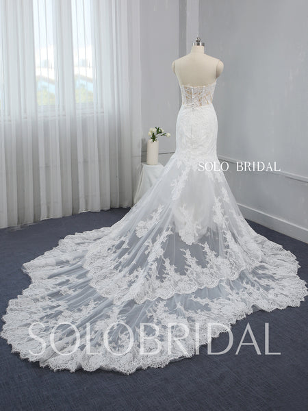 See Through Skin Coloured Bodice Ivory Mermaid Wedding Dress with Catherdral Double Layer Lace Train