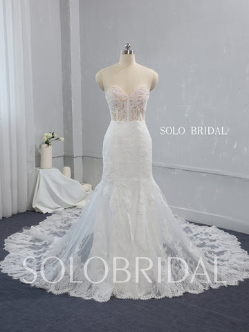 See Through Skin Coloured Bodice Ivory Mermaid Wedding Dress with Catherdral Double Layer Lace Train