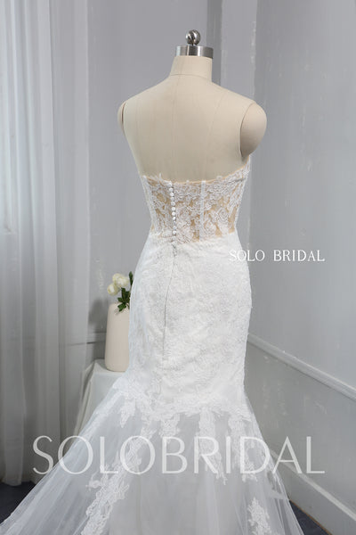 See Through Skin Coloured Bodice Ivory Mermaid Wedding Dress with Catherdral Double Layer Lace Train