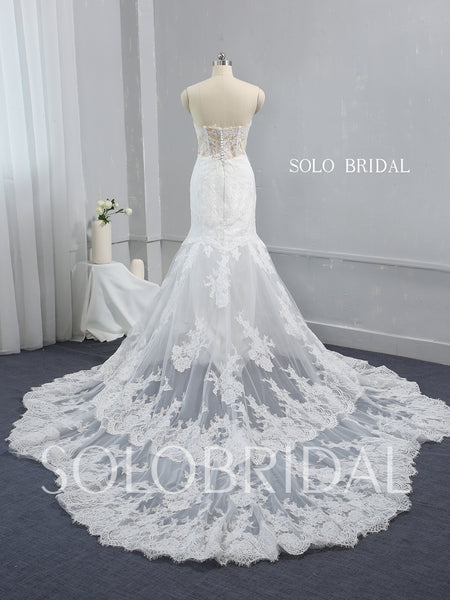 See Through Skin Coloured Bodice Ivory Mermaid Wedding Dress with Catherdral Double Layer Lace Train