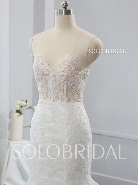 See Through Skin Coloured Bodice Ivory Mermaid Wedding Dress with Catherdral Double Layer Lace Train