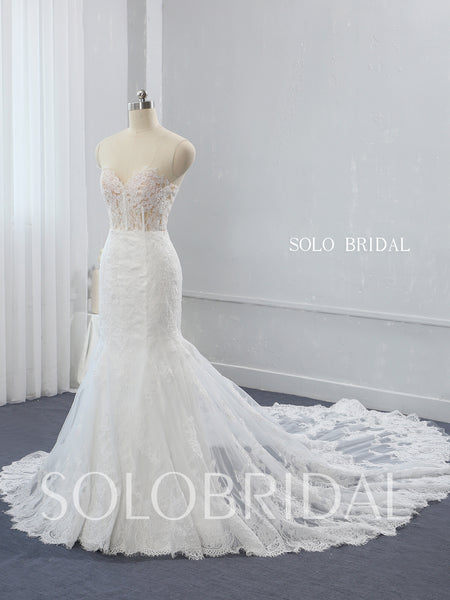 See Through Skin Coloured Bodice Ivory Mermaid Wedding Dress with Catherdral Double Layer Lace Train