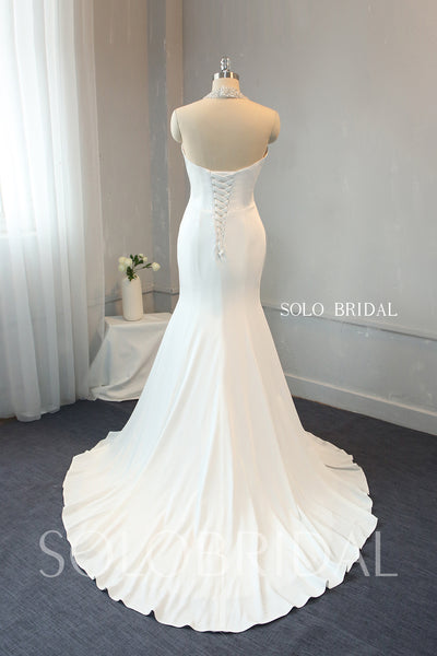 Ivory Crepe Fit and Flare Wedding Dress with Beaded Halter Neck