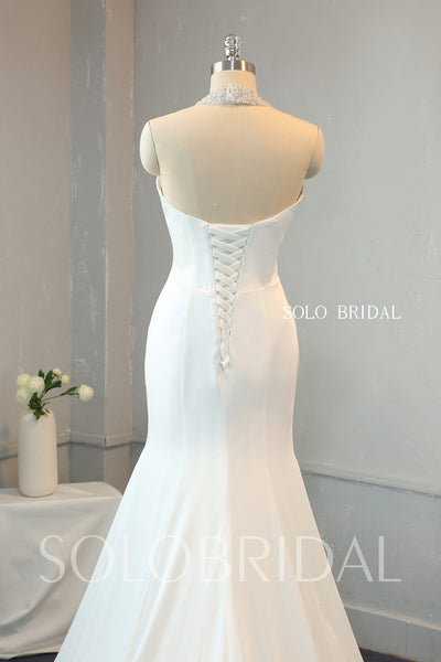 Ivory Crepe Fit and Flare Wedding Dress with Beaded Halter Neck