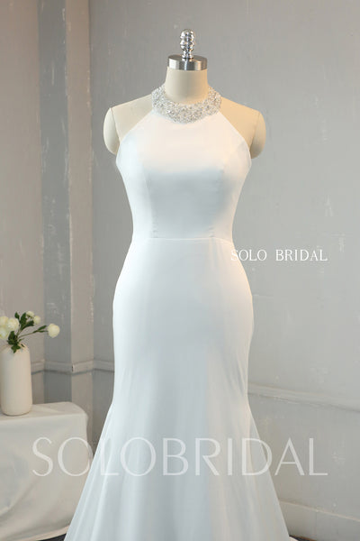 Ivory Crepe Fit and Flare Wedding Dress with Beaded Halter Neck