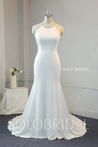 Ivory Crepe Fit and Flare Wedding Dress with Beaded Halter Neck