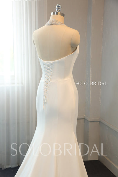 Ivory Crepe Fit and Flare Wedding Dress with Beaded Halter Neck