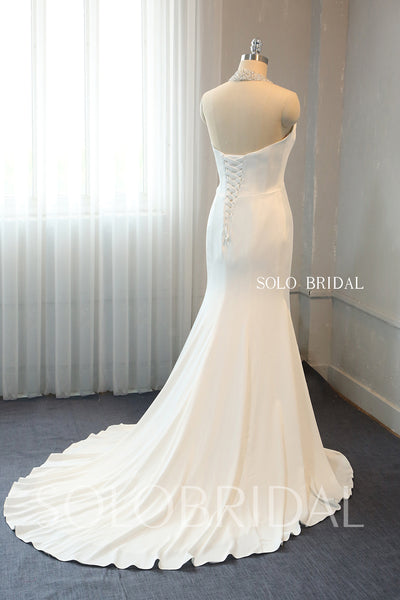 Ivory Crepe Fit and Flare Wedding Dress with Beaded Halter Neck