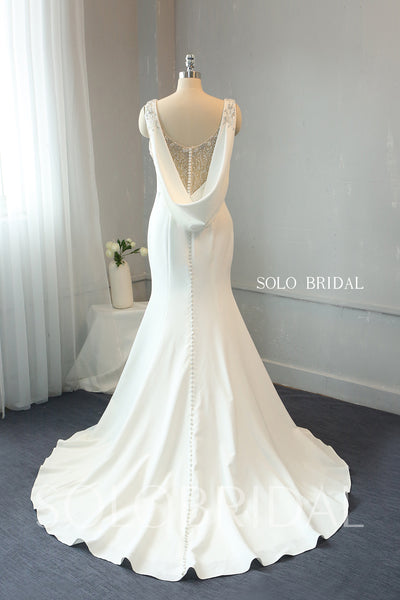 Ivory Crepe Fit and Flare Wedding Dress with Fully Beaded Back