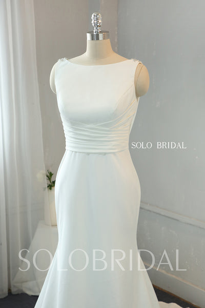 Ivory Crepe Fit and Flare Wedding Dress with Fully Beaded Back