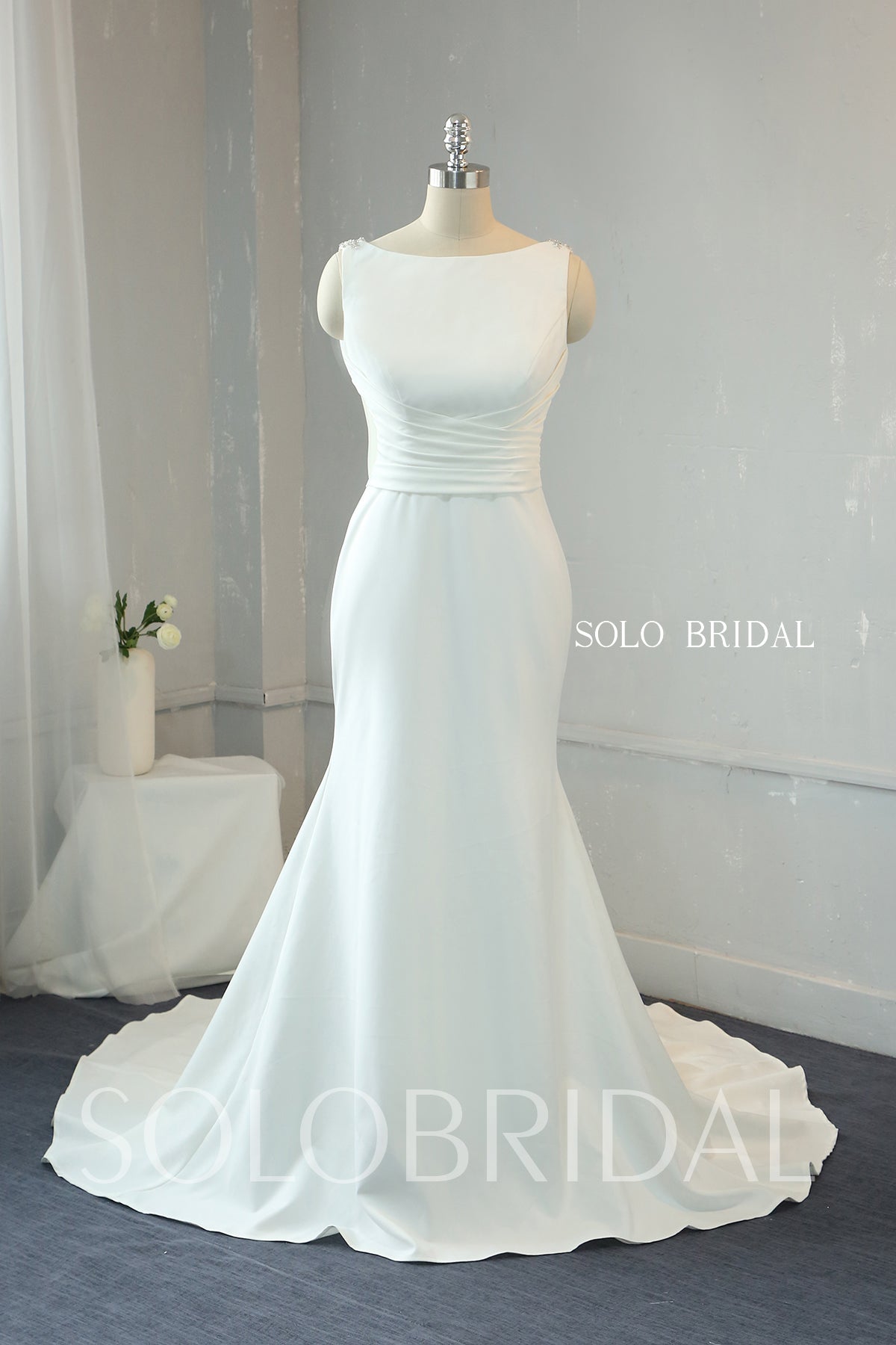 Ivory Crepe Fit and Flare Wedding Dress with Fully Beaded Back