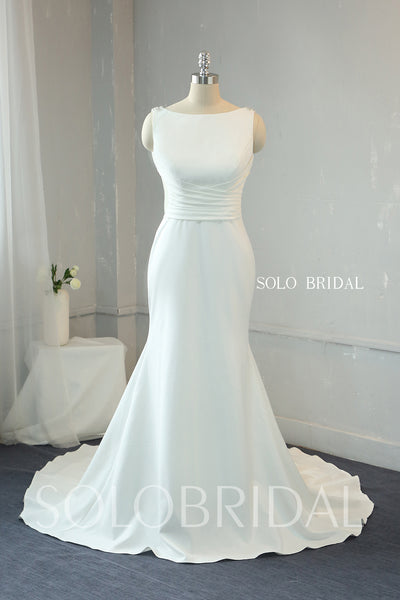 Ivory Crepe Fit and Flare Wedding Dress with Fully Beaded Back