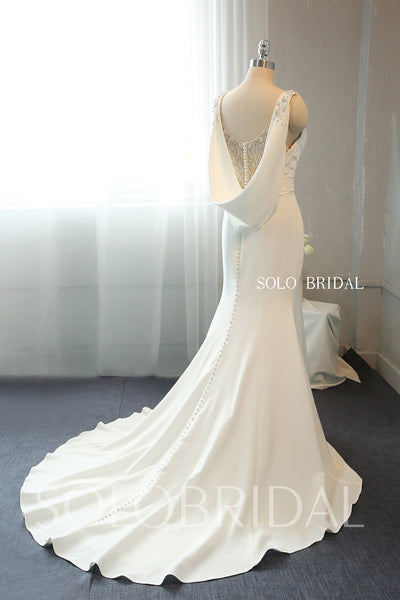 Ivory Crepe Fit and Flare Wedding Dress with Fully Beaded Back