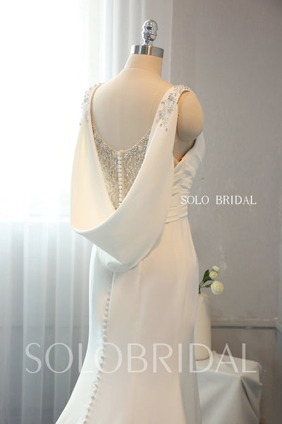 Ivory Crepe Fit and Flare Wedding Dress with Fully Beaded Back