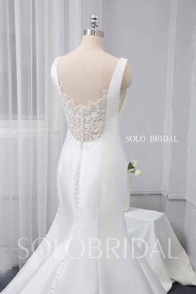 White Satin Mermaid Wedding Dress with Beaded Lace Back