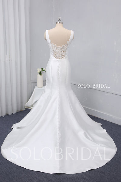 White Satin Mermaid Wedding Dress with Beaded Lace Back