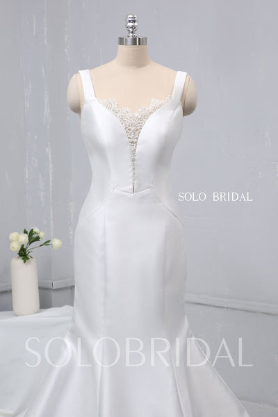 White Satin Mermaid Wedding Dress with Beaded Lace Back