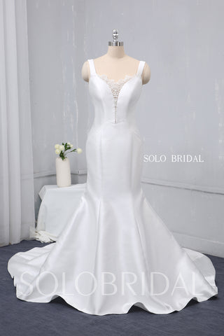 White Satin Mermaid Wedding Dress with Beaded Lace Back