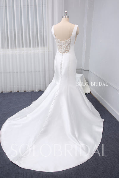White Satin Mermaid Wedding Dress with Beaded Lace Back