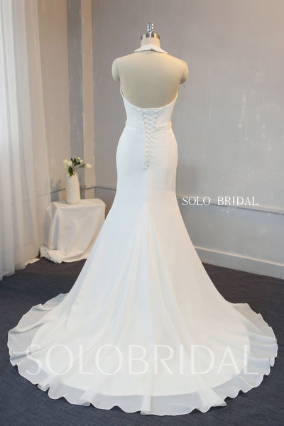 Ivory Crystal Beaded Halter Fit and Flare Chiffon Wedding Dress