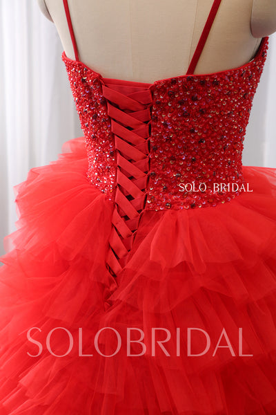 Red Tulle Ruffle Skirt Prom dress with Open Front