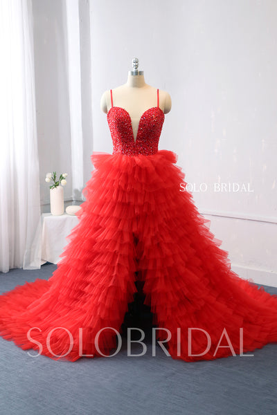 Red Tulle Ruffle Skirt Prom dress with Open Front