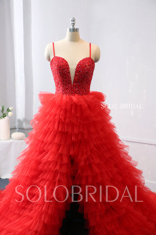 Red Tulle Ruffle Skirt Prom dress with Open Front