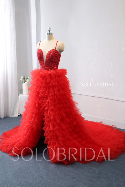 Red Tulle Ruffle Skirt Prom dress with Open Front