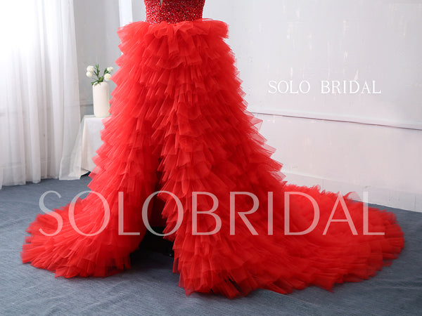 Red Tulle Ruffle Skirt Prom dress with Open Front