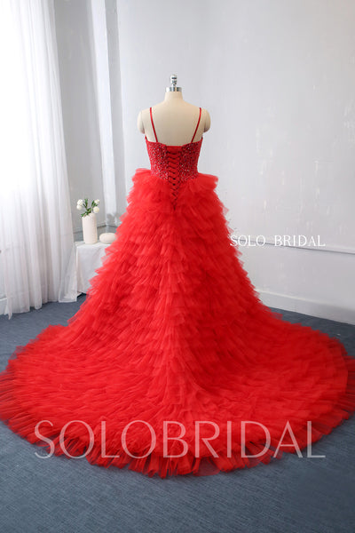 Red Tulle Ruffle Skirt Prom dress with Open Front