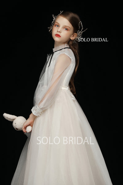 Ivory Long Sleeve A Line Pleated Tulle Flower Girl Dress