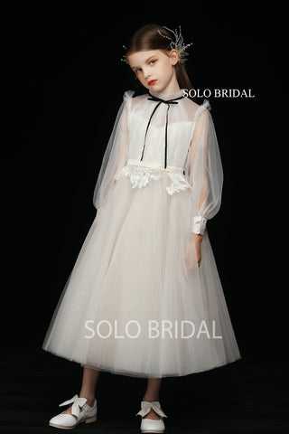 Ivory Long Sleeve A Line Pleated Tulle Flower Girl Dress