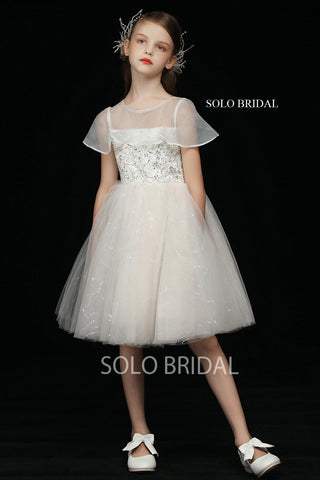 Ivory Short Length A Line Flower Girl Dress with Shiny Tulle Skirt