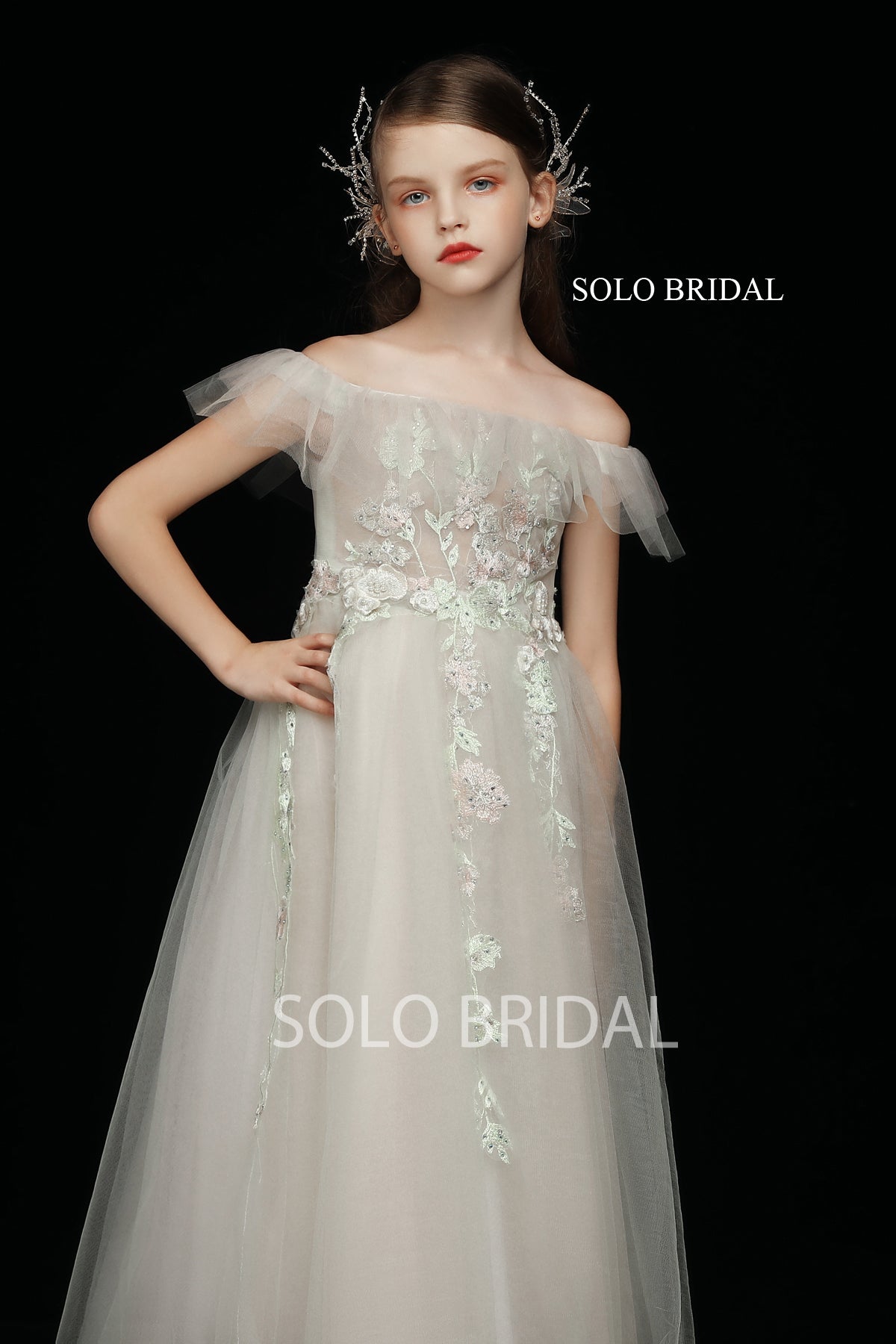 Blush Off Shoulder A Line Tea Length Flower Girl Dress