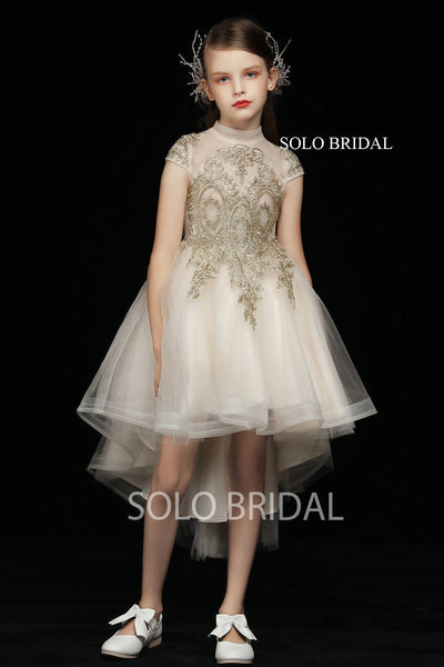 Champagne Tulle Front Low Back Flower Girl Dress with Gold Lace