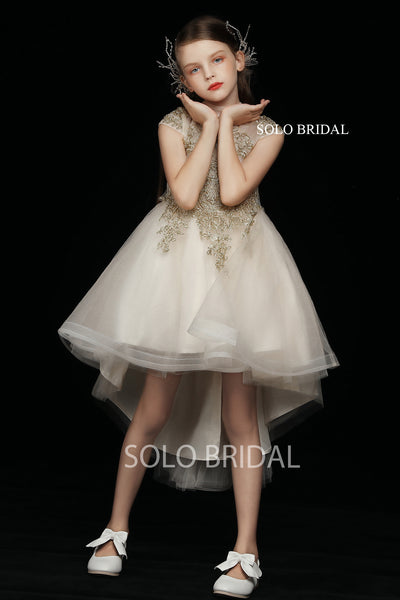 Champagne Tulle Front Low Back Flower Girl Dress with Gold Lace