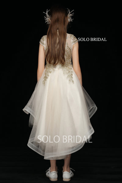 Champagne Tulle Front Low Back Flower Girl Dress with Gold Lace