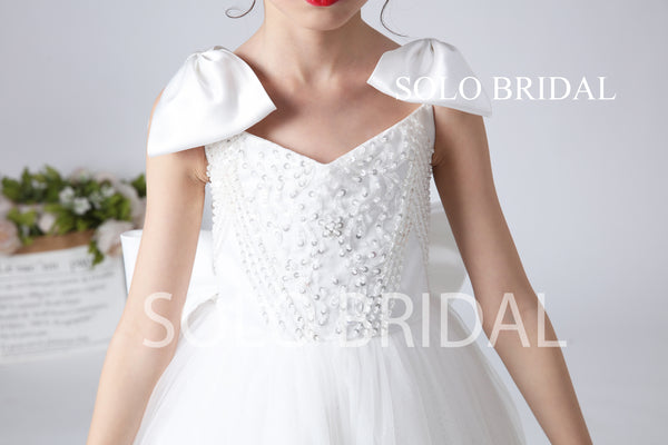 White Beaded Lace Flower Girl Dress with Bow and Sweep Train