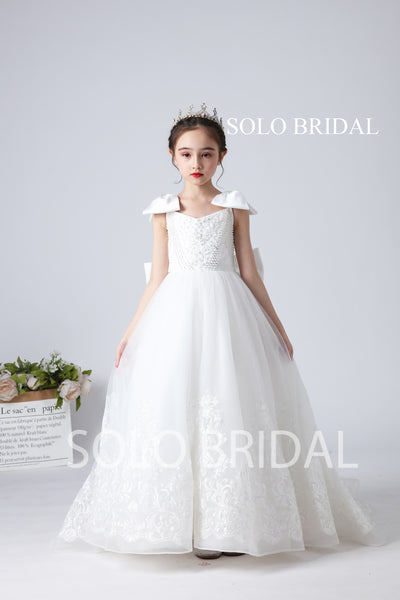 White Beaded Lace Flower Girl Dress with Bow and Sweep Train