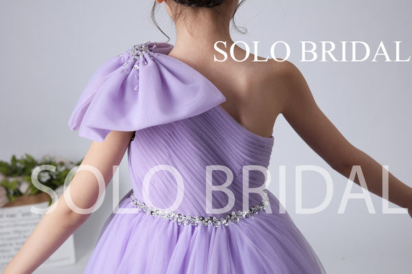 Purple Tulle One Shoulder Flower Girl Dress with Bow and Sweep Train