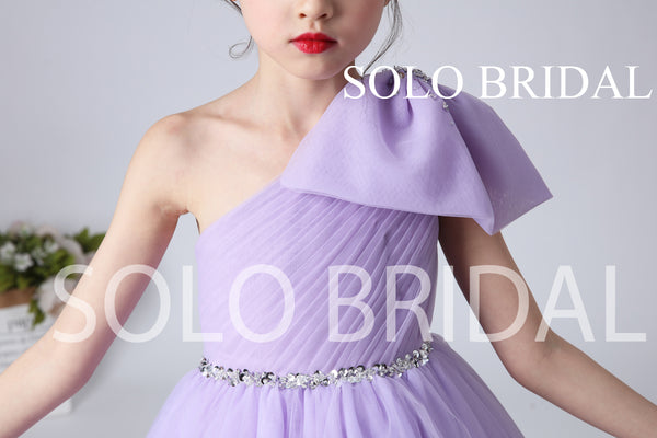 Purple Tulle One Shoulder Flower Girl Dress with Bow and Sweep Train