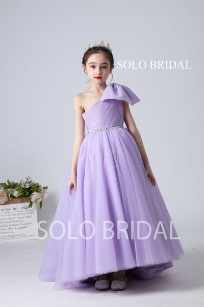 Purple Tulle One Shoulder Flower Girl Dress with Bow and Sweep Train