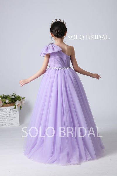 Purple Tulle One Shoulder Flower Girl Dress with Bow and Sweep Train