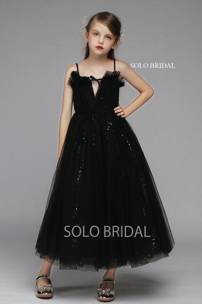 Black Pleated Tulle Flower Girl Dress