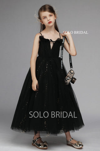 Black Pleated Tulle Flower Girl Dress