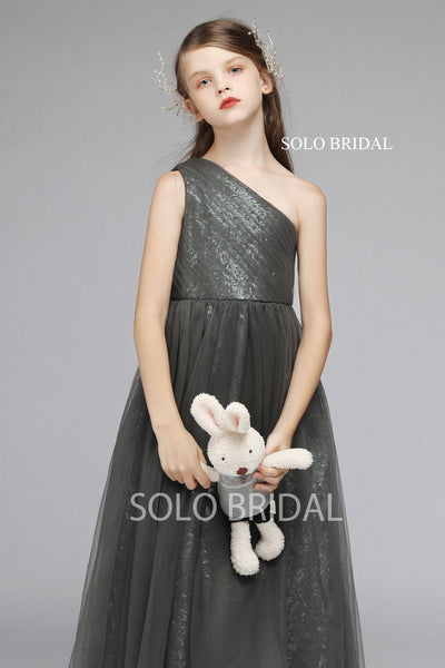 Dark Grey Tulle Sequin Lining Flower Girl Dress