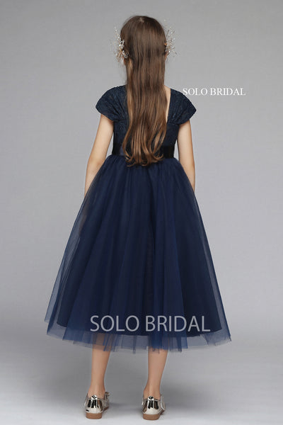 Dark Blue Shoulder Strap Flower Girl Dress