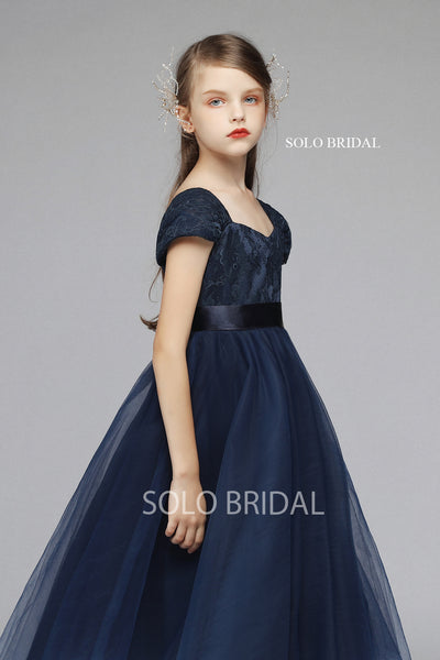 Dark Blue Shoulder Strap Flower Girl Dress