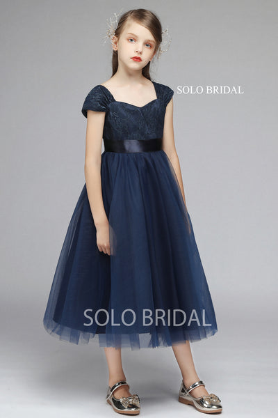Dark Blue Shoulder Strap Flower Girl Dress