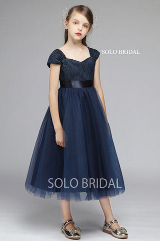 Dark Blue Shoulder Strap Flower Girl Dress